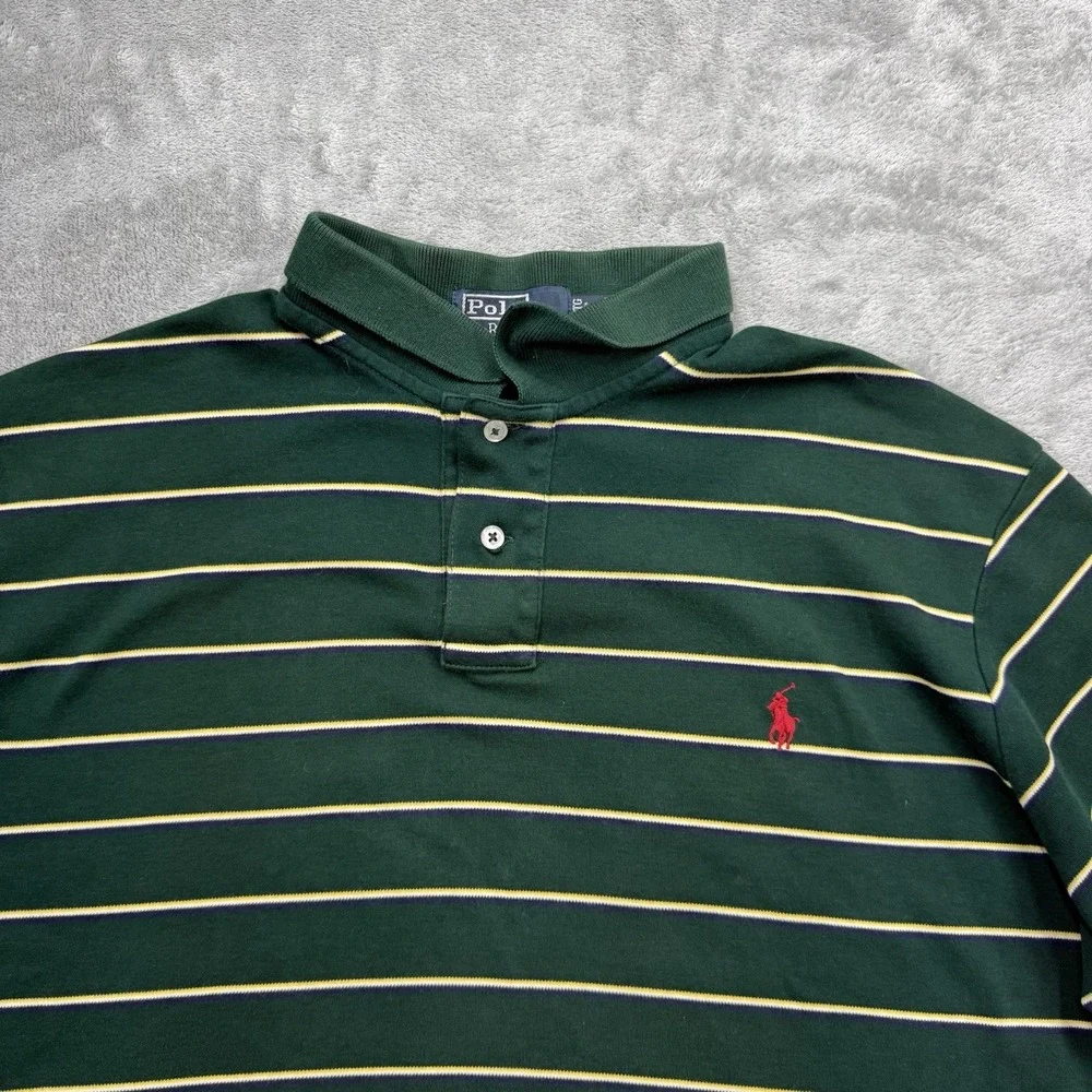 Vintage Ralph Lauren Custom Fit Polo Shirt Green Striped Short Sleeve Size XL
